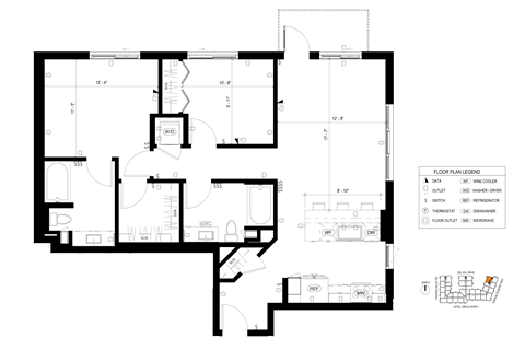 Floor plan for 2 beds, 2 baths, 1107 sqft